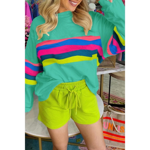 Green Colorful Striped Accent Long Sleeve T Shirt - 2XL - Main Image