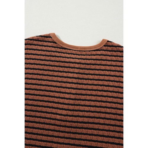 Brown Stripe Textured Frilly Trim Buttons Henley Long Sleeve Top - L - Main Image