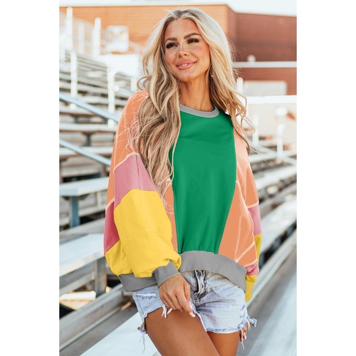 Dark Green Colorblock Patchwork Exposed Stitching Oversize Top - L - Main Image