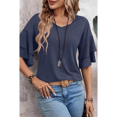 Sail Blue Solid Colour V-Neck Double Layer Sleeve Loose T-Shirt - L - Main Image