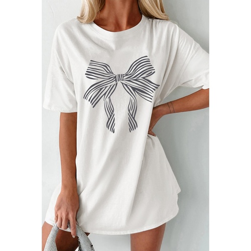 White Striped Bow Knot Half Sleeve Tunic T Shirt - M - Main Image