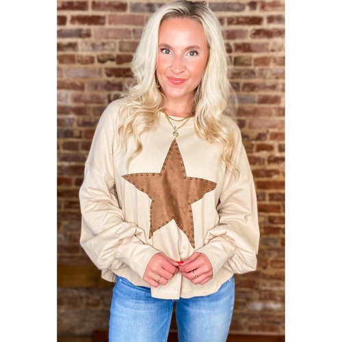 Apricot Studded Star Graphic Oversized Long Sleeve Top - S - Main Image
