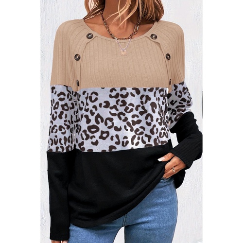 Black Cheetah Textured Patchwork Buttoned Round Neck T Shirt - L - Main Image