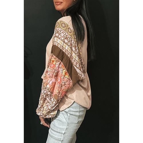 Parchment Contrast Floral Patchwork Puff Sleeve Waffle Knit Top - L - Main Image