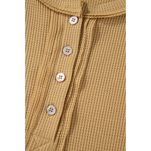Camel Textured Knit Half Button Drop Shoulder Oversized Top - L - Main Image