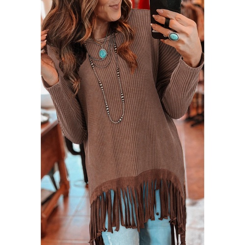 Coffee Waffle Knit Fringed High Low Loose Top - L - Main Image