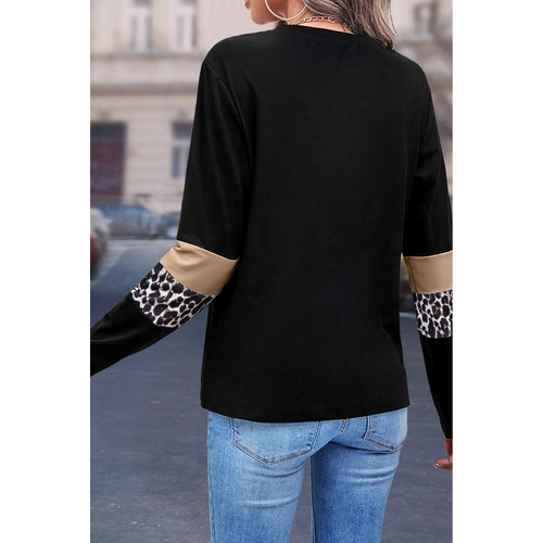 Khaki Leopard Colorblock Patchwork Crew Neck Long Sleeve Tee - L - Main Image