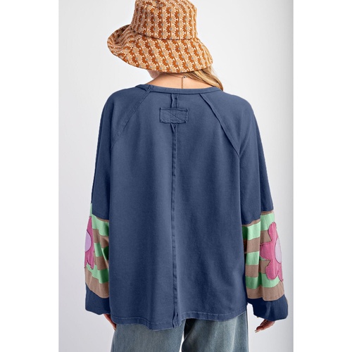 Sail Blue Flower Patchwork Raglan Sleeve Exposed Seam Oversized Top - 2XL - Main Image