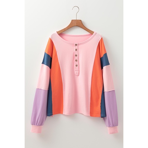 Pink Colorblock Long Sleeve Buttons Henley Top - L - Main Image