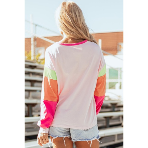 Pink GAME DAY Rugby Football Graphic Color Block Sleeve Top - L - Main Image