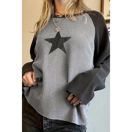High Waffle Knit Colorblock Star Patch Graphic Raglan Top - L - Main Image