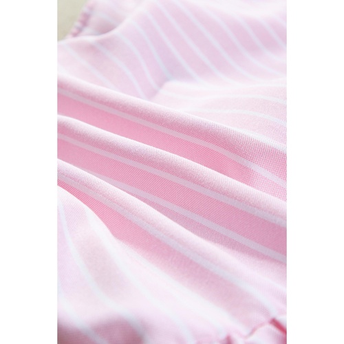 Pink Stripe Bowknot Front Crew Neck Puff Sleeve Blouse - L - Main Image