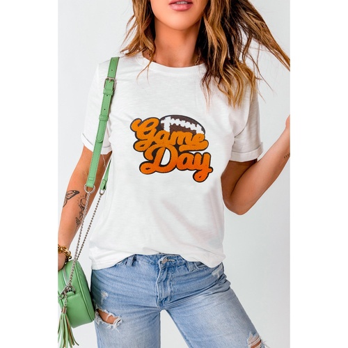 White Chenille Game Day Rugby Football Pattern Crewneck T Shirt - M - Main Image