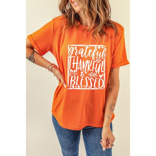 Orange Grateful Thankful Blessed Printed Thanksgiving T Shirt - S - Main Image