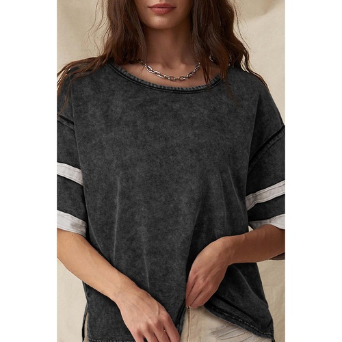 Black Varsity Stripe Half Sleeve Vintage Tee - L - Main Image
