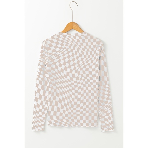 Khaki Checkered Pattern Mesh Mock Neck Long Sleeve Top - L - Main Image
