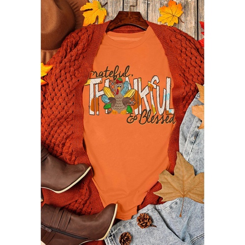 Orange Grateful Thankful Blessed Turkey Graphic Thanksgiving T Shirt - S - Main Image