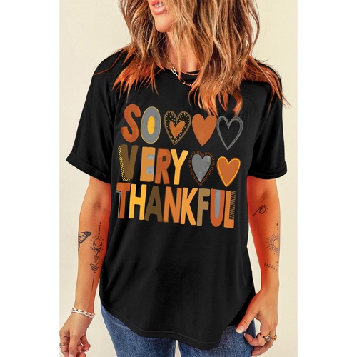 Black So Very Thankful Heart Printed Crewneck Thanksgiving T Shirt - S - Main Image