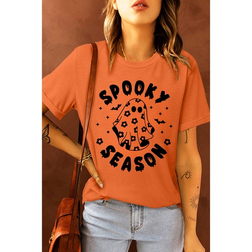 Orange SPOOKY SEASON Ghost Print Crew Neck Halloween Tee - S - Main Image