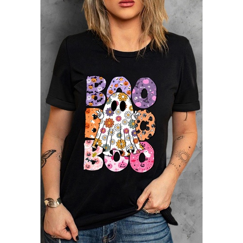 Black BOO Floral Ghost Print Crew Neck Halloween T Shirt - 2XL - Main Image