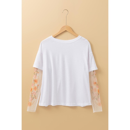 White Faux Two Piece Floral Long Sleeve Patchwork Tee - M - Main Image