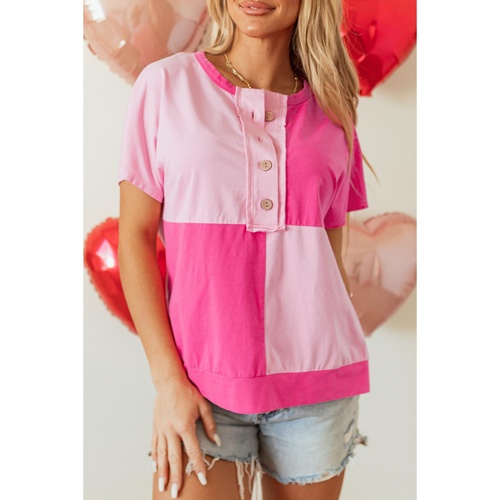 Pink Two Tone Half Buttons Collared T Shirt - S - Main Image