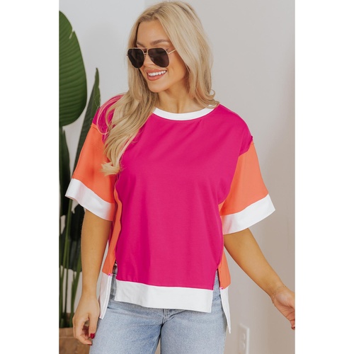 Rose Red Color Block Patchwork Side Slits Loose Fit T Shirt - S - Main Image