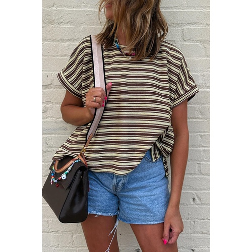 Brown Stripe Textured Side Slits Crew Neck T Shirt - L - Main Image
