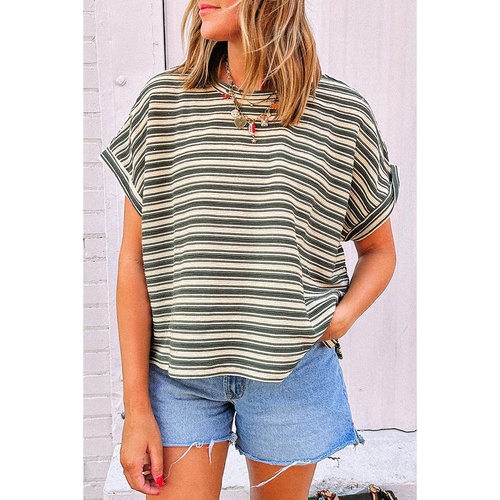 Green Stripe Textured Side Slits Crew Neck T Shirt - L - Main Image