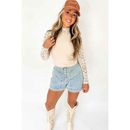 Beige Floral Lace Patchwork Long Sleeve High Neck Slim Top - M - Main Image