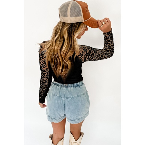 Black Floral Lace Patchwork Long Sleeve High Neck Slim Top - XL - Main Image