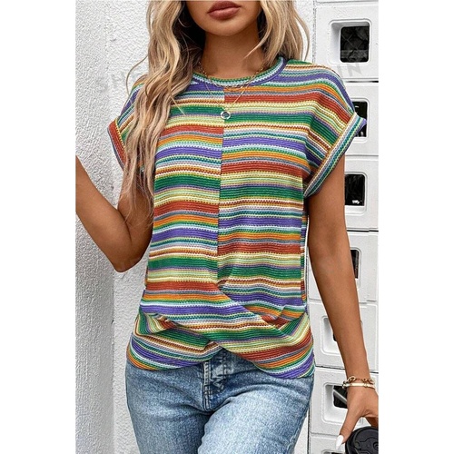 Multicolour Striped Pattern Twist Hem Short Sleeve Top - M - Main Image