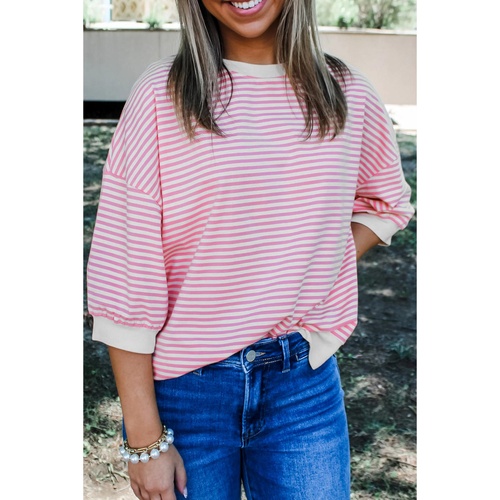 Pink Striped 3/4 Sleeve Drop Shoulder Top - L - Main Image