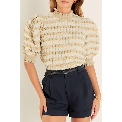Beige Textured Mock Neck Short Sleeve Blouse - L - Main Image