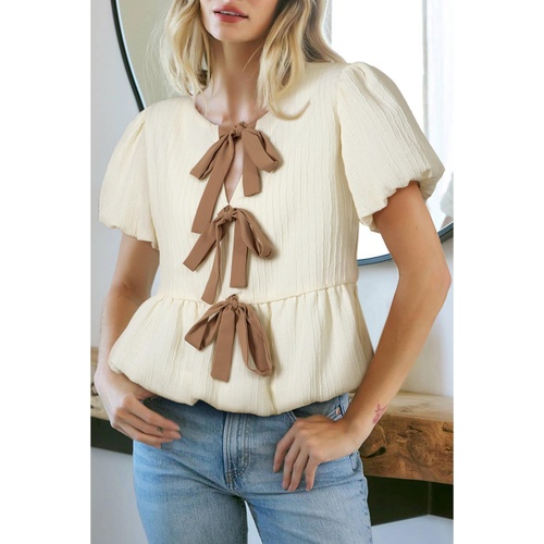 White Textured Bow Ties Front Bubble Hem Puff Short Sleeve Blouse - L - Main Image