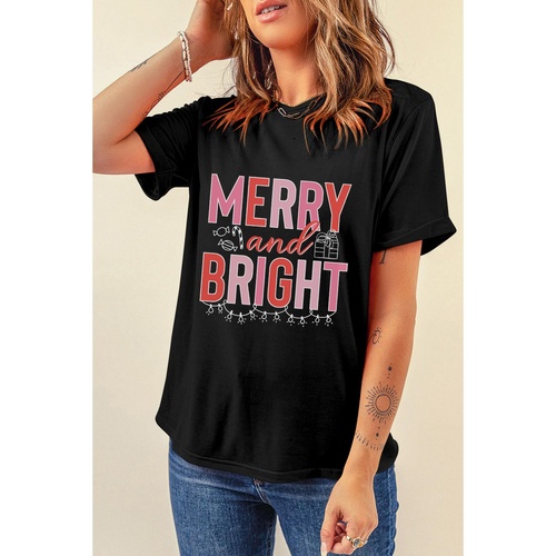 Black MERRY and BRIGHT Crew Neck Christmas Graphic Tee - 2XL - Main Image