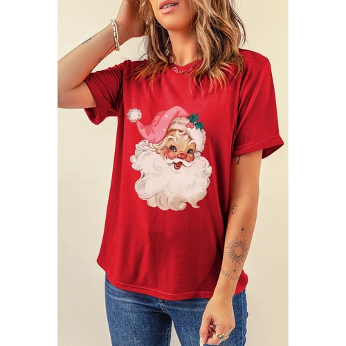 Red Christmas Santa Claus Print Crew Neck T Shirt - L - Main Image