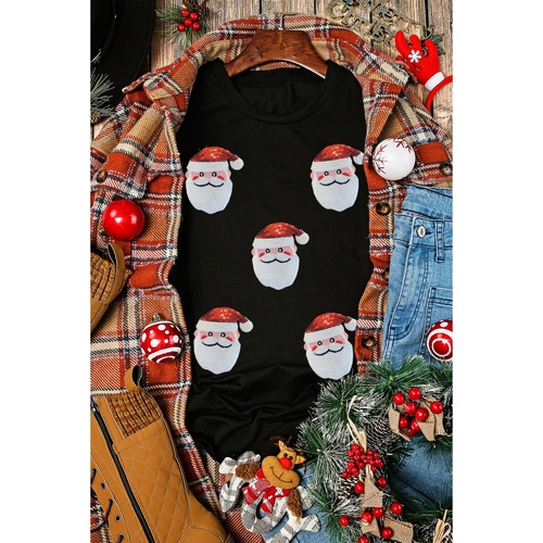 Black Sequin Christmas Claus Pattern Crewneck T Shirt - S - Main Image