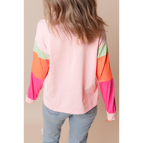 Pink Christmas Sequin Nutcracker Graphic Colorblock Long Sleeve Top - L - Main Image