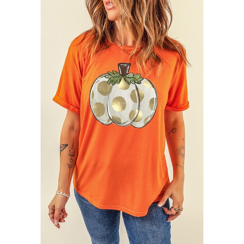 Orange Thanksgiving Pumpkin Pattern Crew Neck Short Sleeve Top - S - Main Image