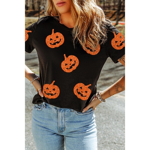 Black Glittering Pumpkin Face Graphic Crewneck Halloween T Shirt - L - Main Image