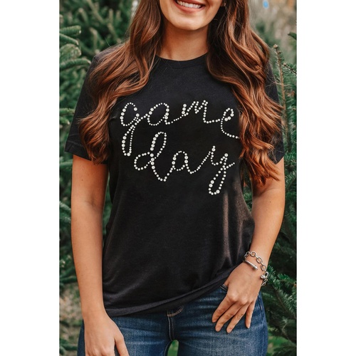 Black Shiny Rhinestone game day Pattern Crewneck T Shirt - 3XL - Main Image