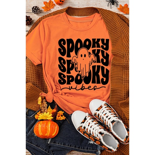 Orange SPOOKY Vibe Ghost Print Crewneck Halloween T Shirt - 3XL - Main Image