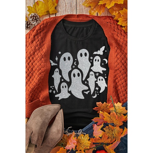 Black Halloween Glitter Ghost Pattern Crew Neck T Shirt - 3XL - Main Image