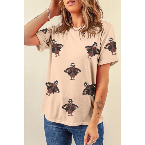 Khaki Sequined Turkey Patched Pattern Crewneck Thanksgiving T Shirt - 3XL - Main Image