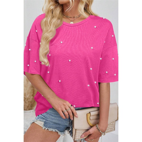 Bright Pink Pearl Beaded  Drop Shoulder Crewneck T Shirt - S - Main Image