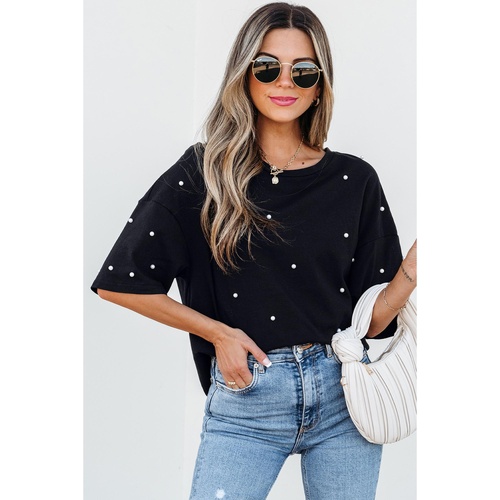 Black Pearl Beaded  Drop Shoulder Crewneck T Shirt - S - Main Image