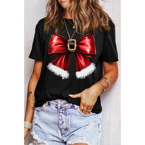 Black Christmas Big Bowknot Graphic Crewneck T Shirt - XL - Main Image