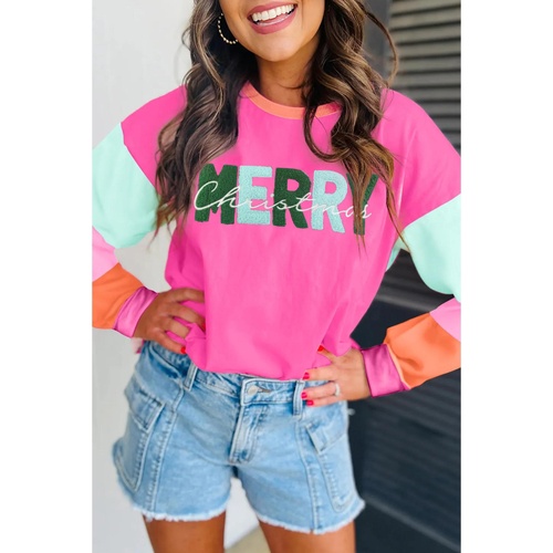 Azura Exchange Rose Red Chenille MERRY Christmas Patched Colorblock Long Sleeve Top - XL - Main Image