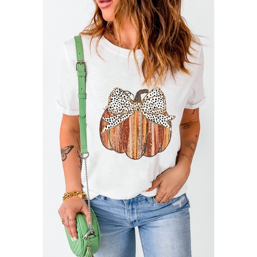 White Thanksgiving Bow Knot Pumpkin Print Round Neck T Shirt - M - Main Image